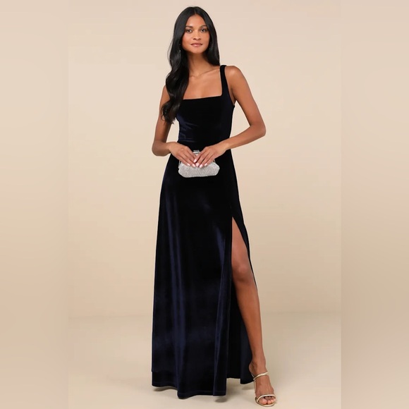 Graceful Invite Navy Blue Velvet Square Neck Lace-Up Maxi Dress - Picture 2 of 4